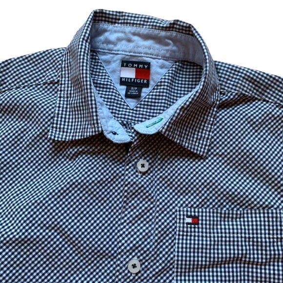 Tommy Hilfiger Boys’ Button-Up Shirt navy & white checkered pattern– Youth Small - Picture 2 of 12